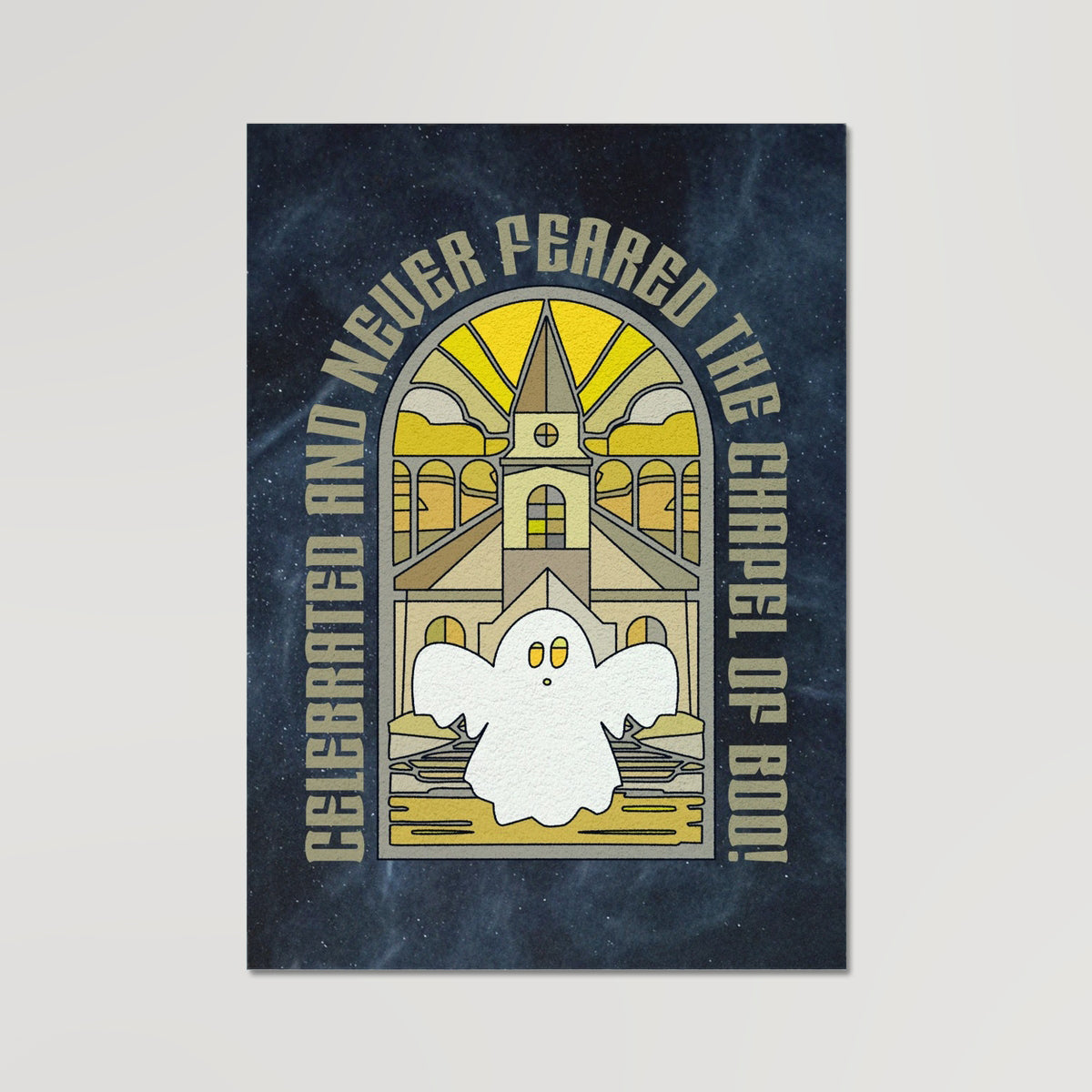 Your story harrogate graphic available as a print with or without a frame. Graphic shows chapel of boo graphic. The graphic shows spooky ghost in front of a haunted chapel in an illustrative style. The words “Celebrated and never feared the chapel of boo!” arch up and over the top section of the graphic.