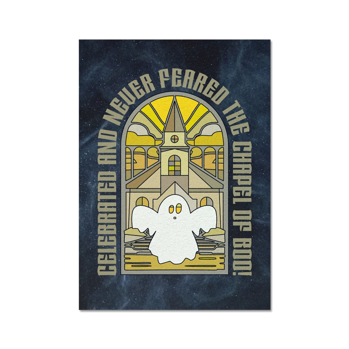 Your story harrogate graphic available as a print with or without a frame. Graphic shows chapel of boo graphic. The graphic shows spooky ghost in front of a haunted chapel in an illustrative style. The words “Celebrated and never feared the chapel of boo!” arch up and over the top section of the graphic.