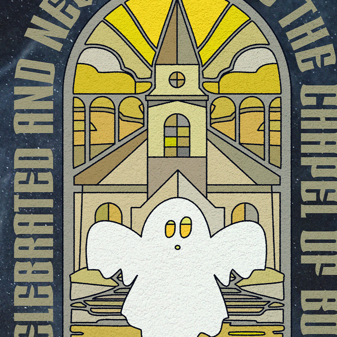 Your story harrogate graphic available as a print with or without a frame. Graphic shows close up of chapel of boo graphic. The graphic shows spooky ghost in front of a haunted chapel in an illustrative style. The words “Celebrated and never feared the chapel of boo!” arch up and over the top section of the graphic.