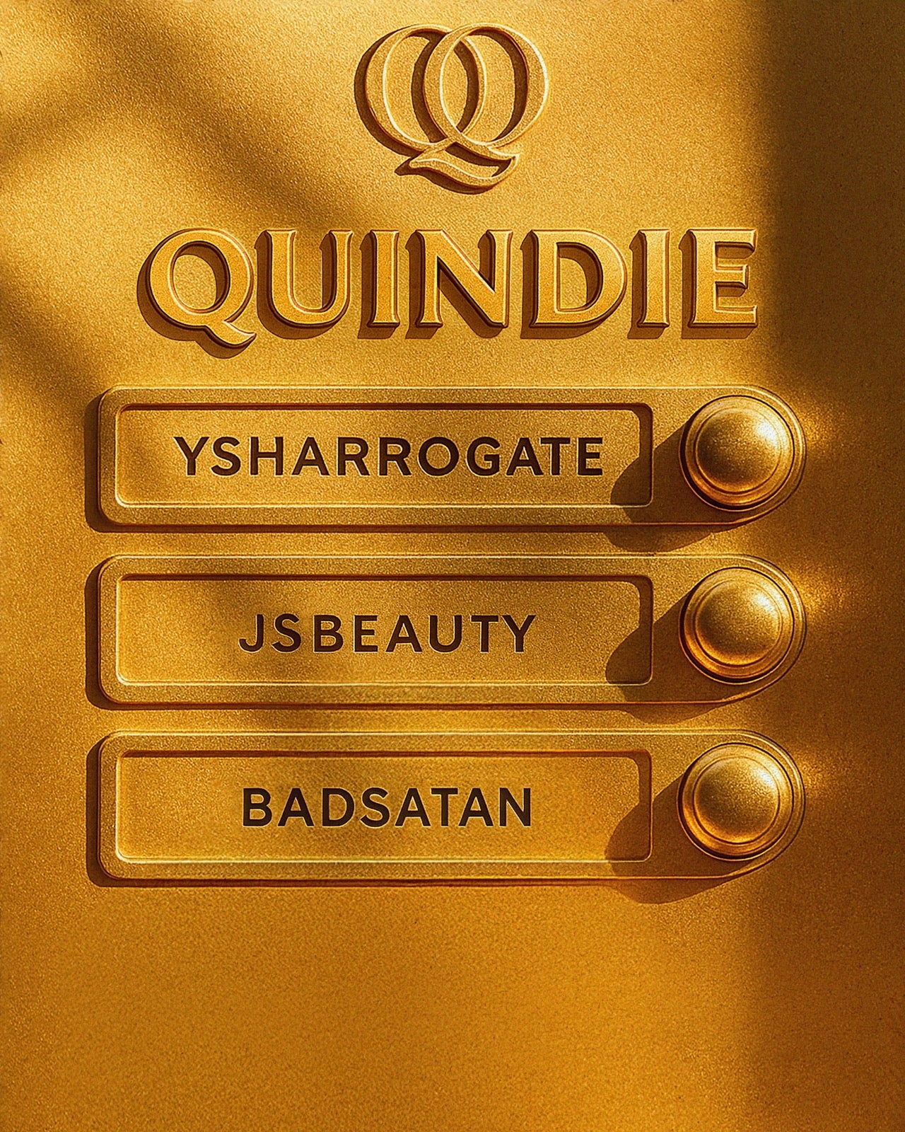 Connect with Quindie luxury services, we have ysharrogate (your story harrogate), jsbeauty harrogate and badsatan harrogate. Image shows the Quindie name and Quindie symbol in gold above the three sub brand names. Image shows buttons next to the sub brand names, who will you connect with first.