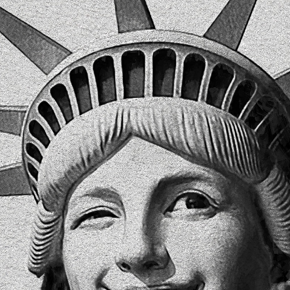 Your story harrogate graphic available as a print with or without a frame. Graphic shows close up of Liberty version two graphic. The graphic shows the statue of liberty face with tongue out and winking.