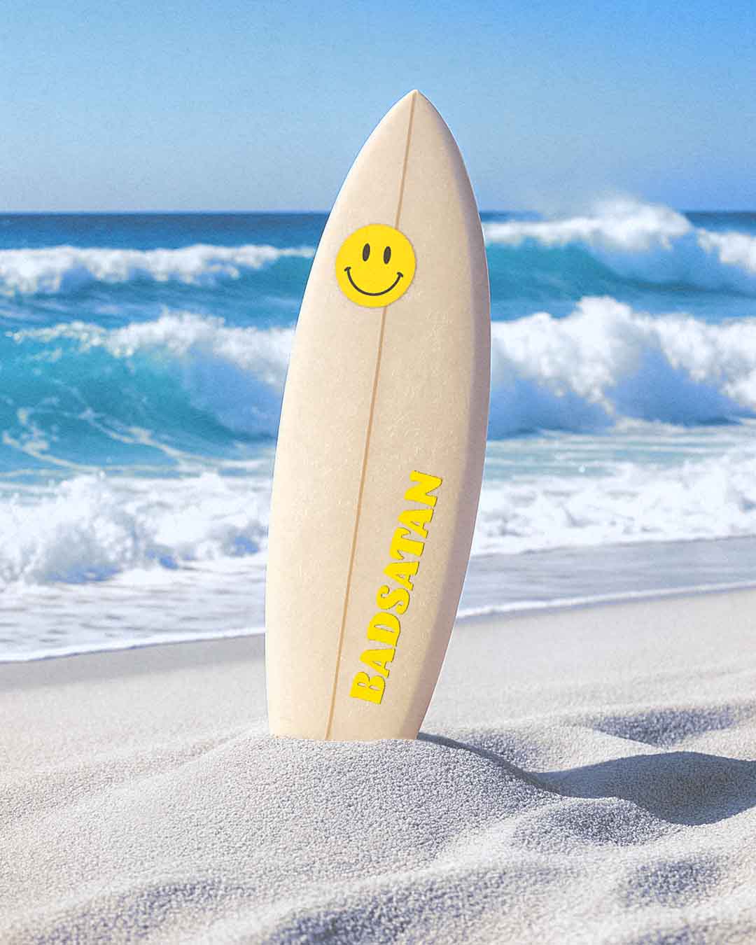 Image shows Quindie Your Story creative object stickers on a surfboard. Badsatan branding present.