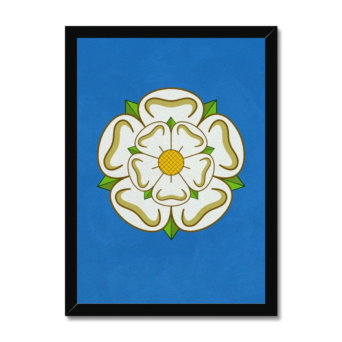 Your story harrogate graphic available as a print with or without a frame. Graphic shows Yorkshire Rose graphic. The graphic shows the white rose of Yorkshire on a blue distressed background.