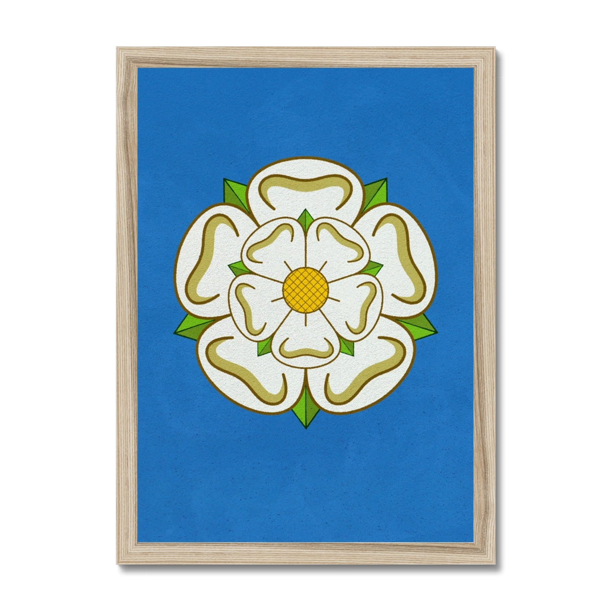 Your story harrogate graphic available as a print with or without a frame. Graphic shows Yorkshire Rose graphic. The graphic shows the white rose of Yorkshire on a blue distressed background.