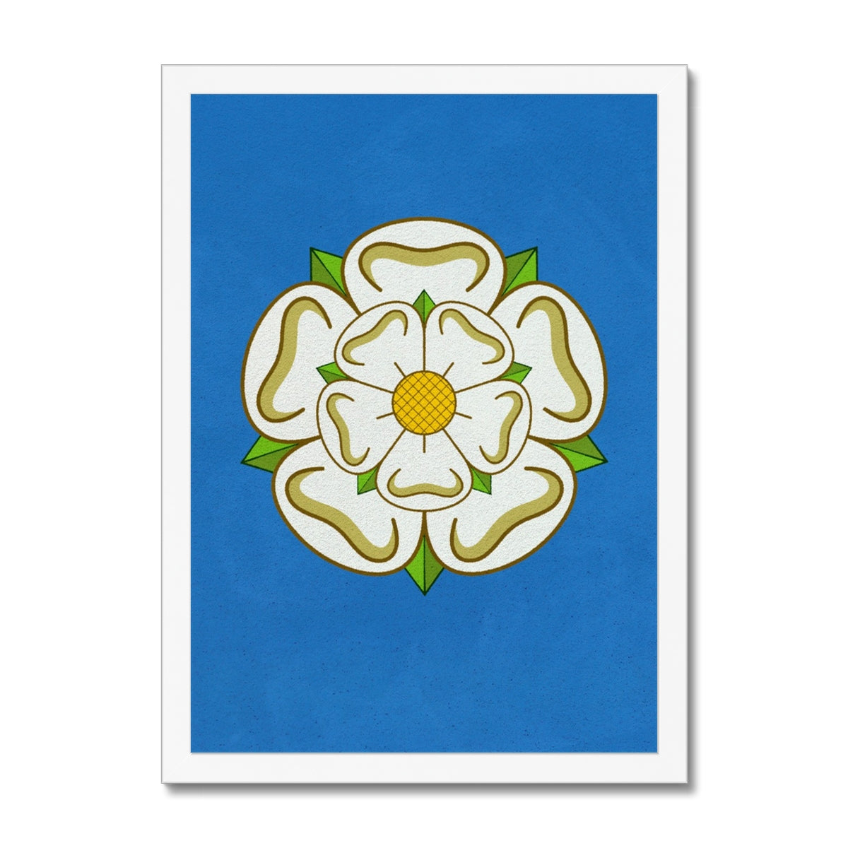 Your story harrogate graphic available as a print with or without a frame. Graphic shows Yorkshire Rose graphic. The graphic shows the white rose of Yorkshire on a blue distressed background.