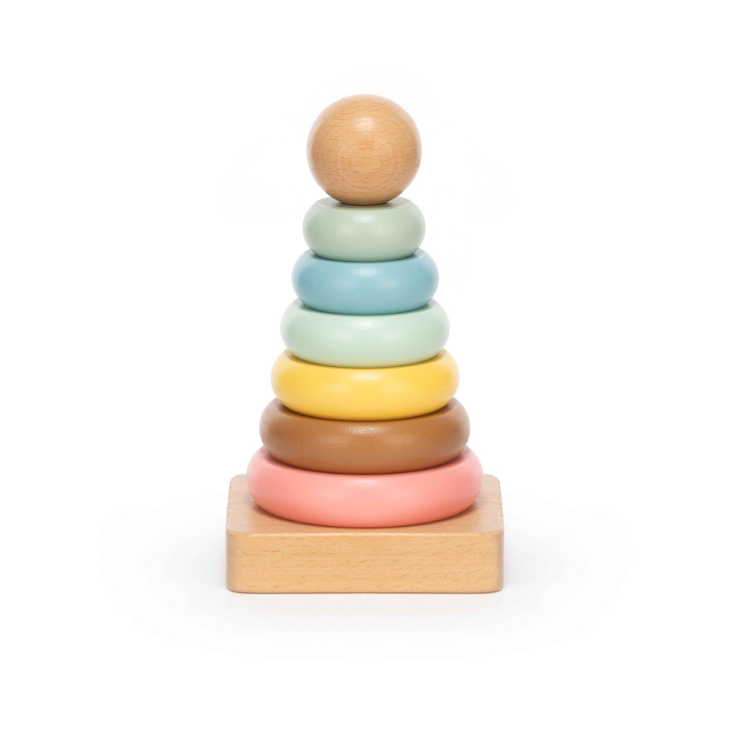 Pastel wooden stacking ring toy with seven soft-coloured rings on a natural wood base, photographed on a clean white background