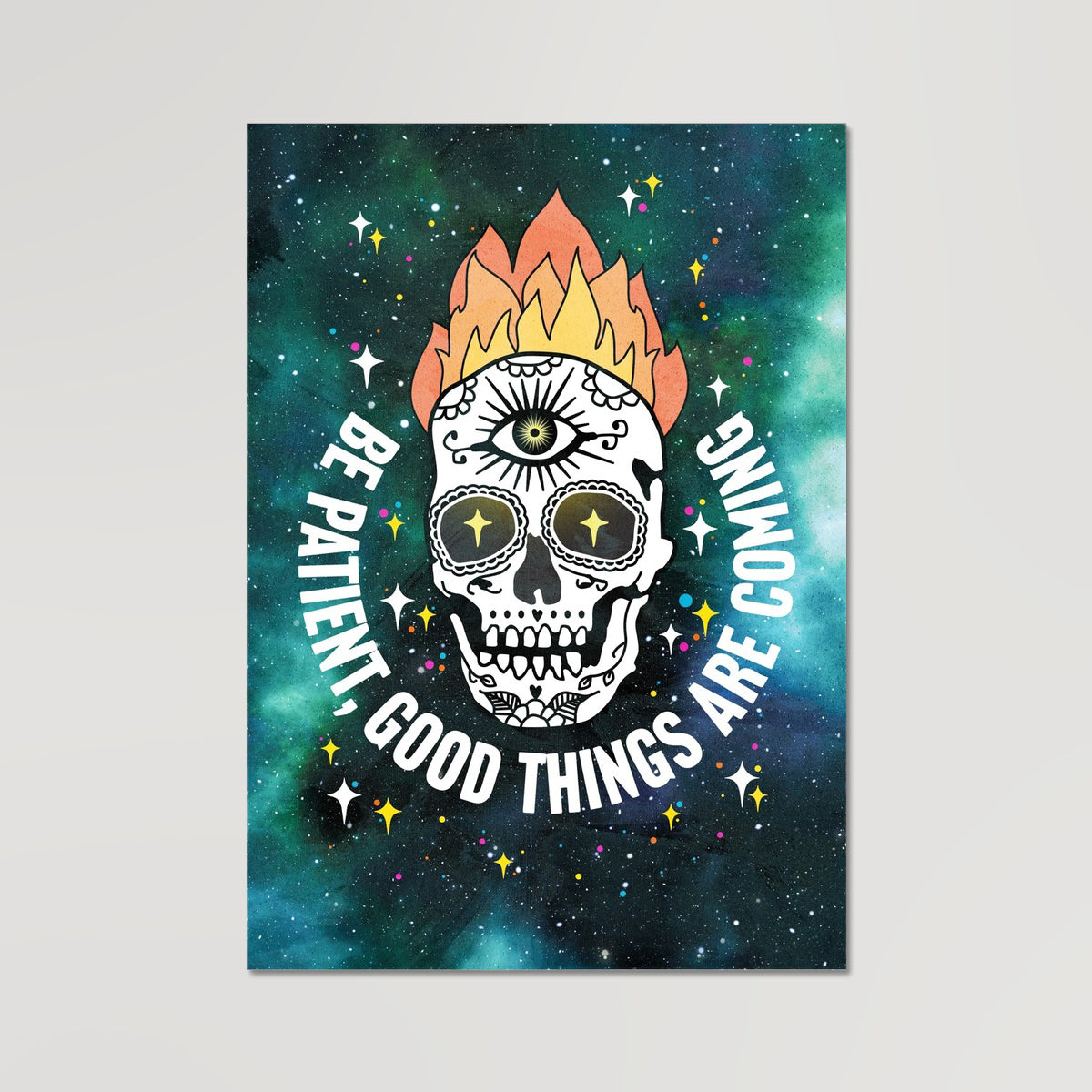 Your story harrogate graphic available as a print with or without a frame. Graphic shows be patient graphic. The graphic shows skull illustration with flames surrounded by text that proclaims be patient, good things are coming.