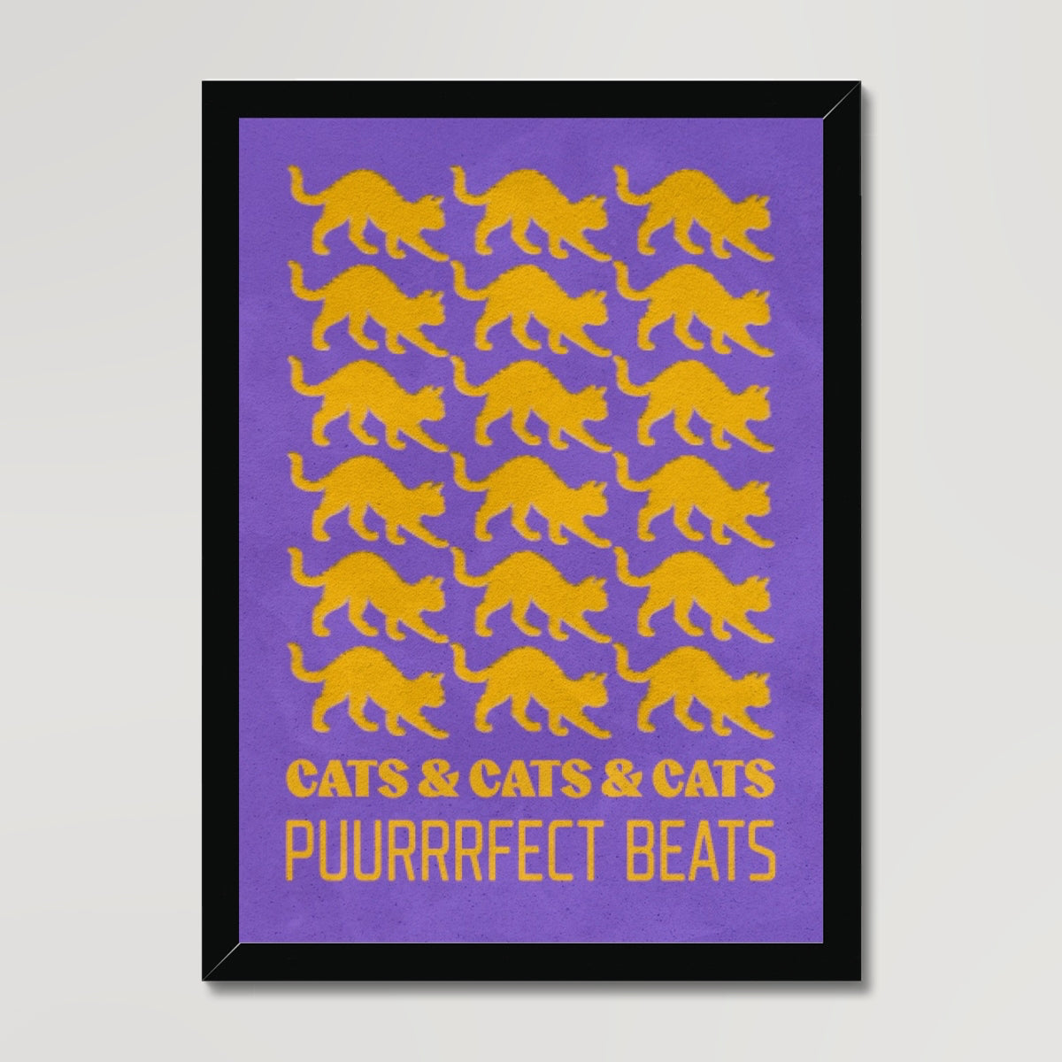 Your story harrogate graphic available as a print with or without a frame. Graphic shows Cats & cats & cats puurrrfect beats graphic. The graphic shows yellow cats repeat pattern on a purple distressed background accompanied by yellow lettering at the bottom of the composition.