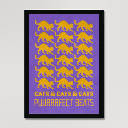 Your story harrogate graphic available as a print with or without a frame. Graphic shows Cats & cats & cats puurrrfect beats graphic. The graphic shows yellow cats repeat pattern on a purple distressed background accompanied by yellow lettering at the bottom of the composition.