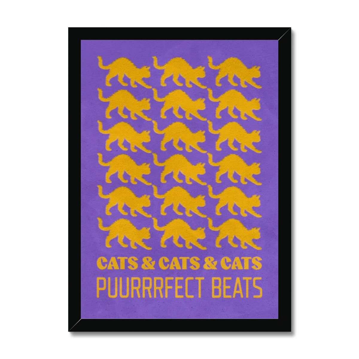 Your story harrogate graphic available as a print with or without a frame. Graphic shows Cats & cats & cats puurrrfect beats graphic. The graphic shows yellow cats repeat pattern on a purple distressed background accompanied by yellow lettering at the bottom of the composition.