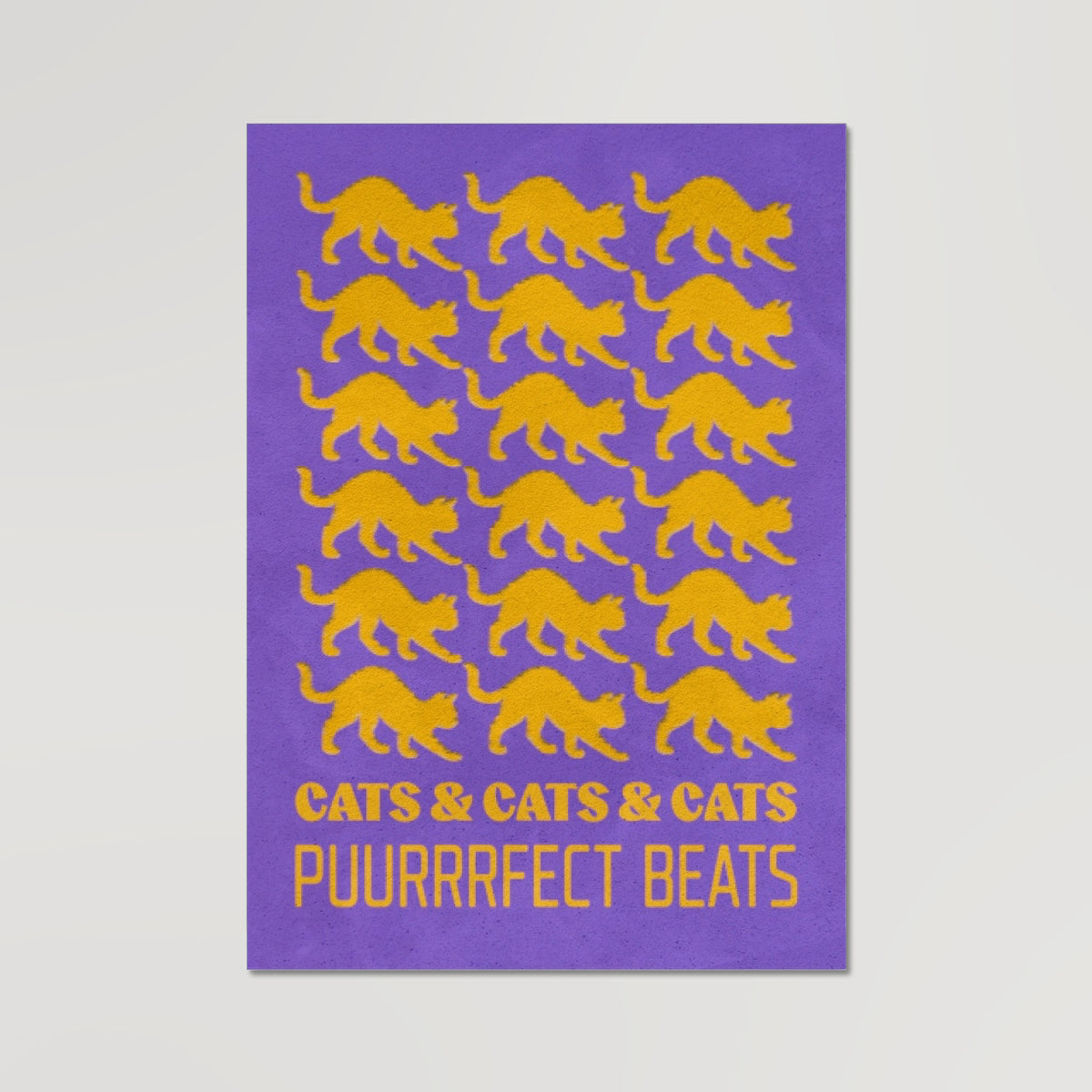 Your story harrogate graphic available as a print with or without a frame. Graphic shows Cats & cats & cats puurrrfect beats graphic. The graphic shows yellow cats repeat pattern on a purple distressed background accompanied by yellow lettering at the bottom of the composition.