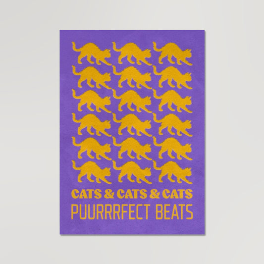 Your story harrogate graphic available as a print with or without a frame. Graphic shows Cats & cats & cats puurrrfect beats graphic. The graphic shows yellow cats repeat pattern on a purple distressed background accompanied by yellow lettering at the bottom of the composition.