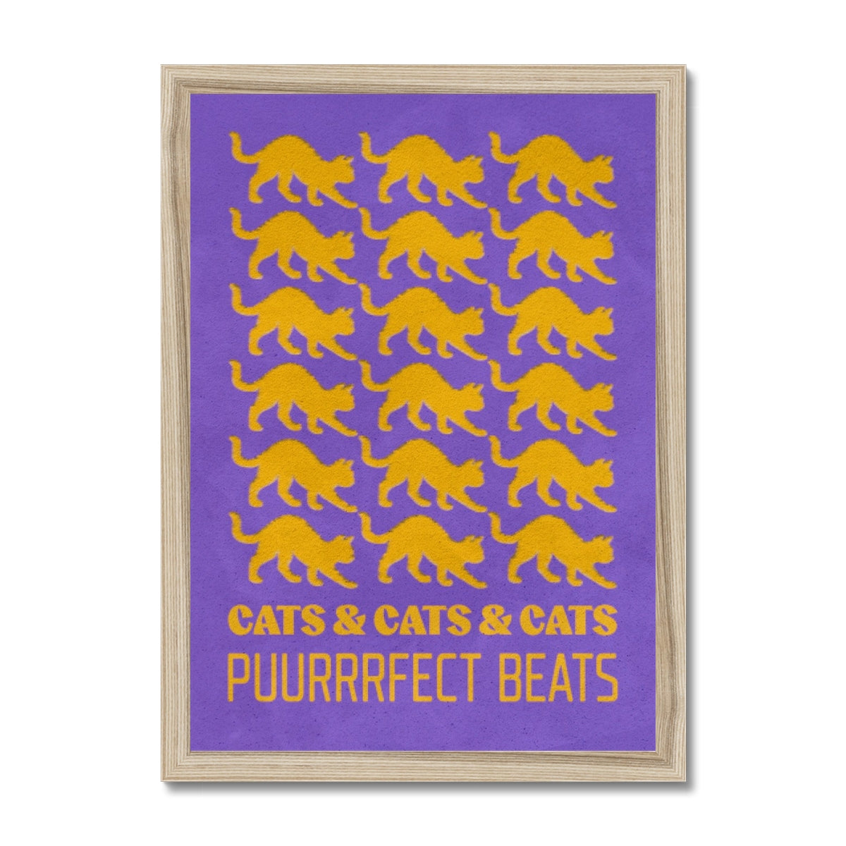 Your story harrogate graphic available as a print with or without a frame. Graphic shows Cats & cats & cats puurrrfect beats graphic. The graphic shows yellow cats repeat pattern on a purple distressed background accompanied by yellow lettering at the bottom of the composition.