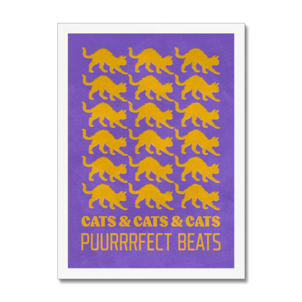 Your story harrogate graphic available as a print with or without a frame. Graphic shows Cats & cats & cats puurrrfect beats graphic. The graphic shows yellow cats repeat pattern on a purple distressed background accompanied by yellow lettering at the bottom of the composition.
