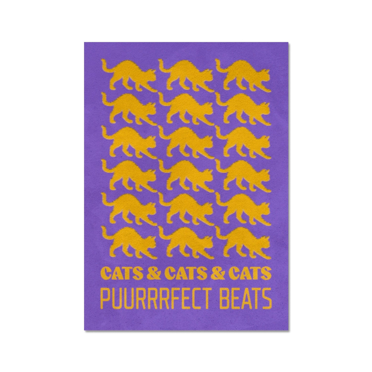 Your story harrogate graphic available as a print with or without a frame. Graphic shows Cats & cats & cats puurrrfect beats graphic. The graphic shows yellow cats repeat pattern on a purple distressed background accompanied by yellow lettering at the bottom of the composition.