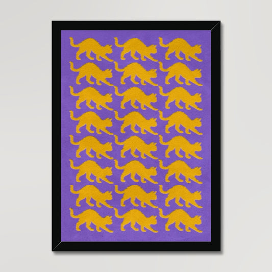 Your story harrogate graphic available as a print with or without a frame. Graphic shows Cats graphic. The graphic shows yellow cats repeat pattern on a purple distressed background.