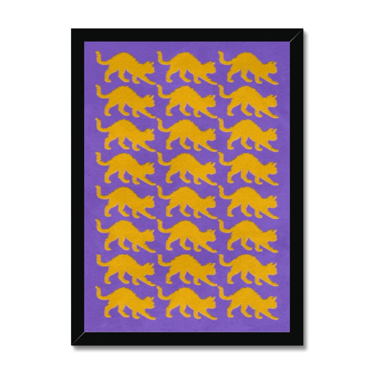 Your story harrogate graphic available as a print with or without a frame. Graphic shows Cats graphic. The graphic shows yellow cats repeat pattern on a purple distressed background.
