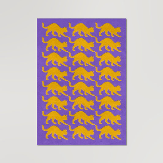 Your story harrogate graphic available as a print with or without a frame. Graphic shows Cats graphic. The graphic shows yellow cats repeat pattern on a purple distressed background.