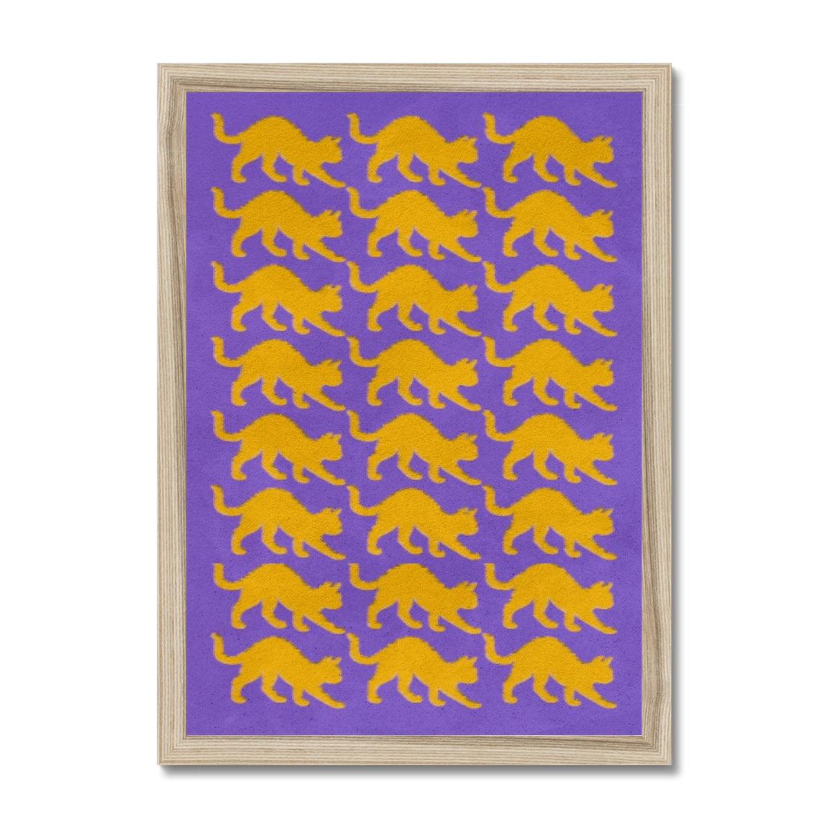 Your story harrogate graphic available as a print with or without a frame. Graphic shows Cats graphic. The graphic shows yellow cats repeat pattern on a purple distressed background.