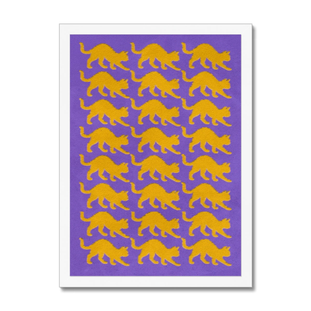 Your story harrogate graphic available as a print with or without a frame. Graphic shows Cats graphic. The graphic shows yellow cats repeat pattern on a purple distressed background.