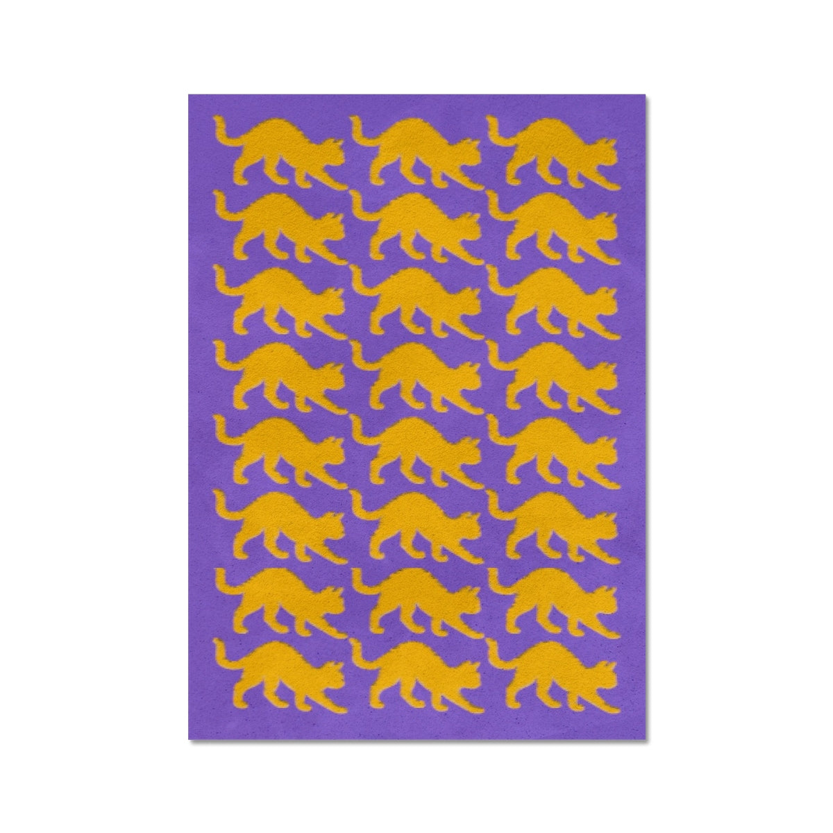 Your story harrogate graphic available as a print with or without a frame. Graphic shows Cats graphic. The graphic shows yellow cats repeat pattern on a purple distressed background.