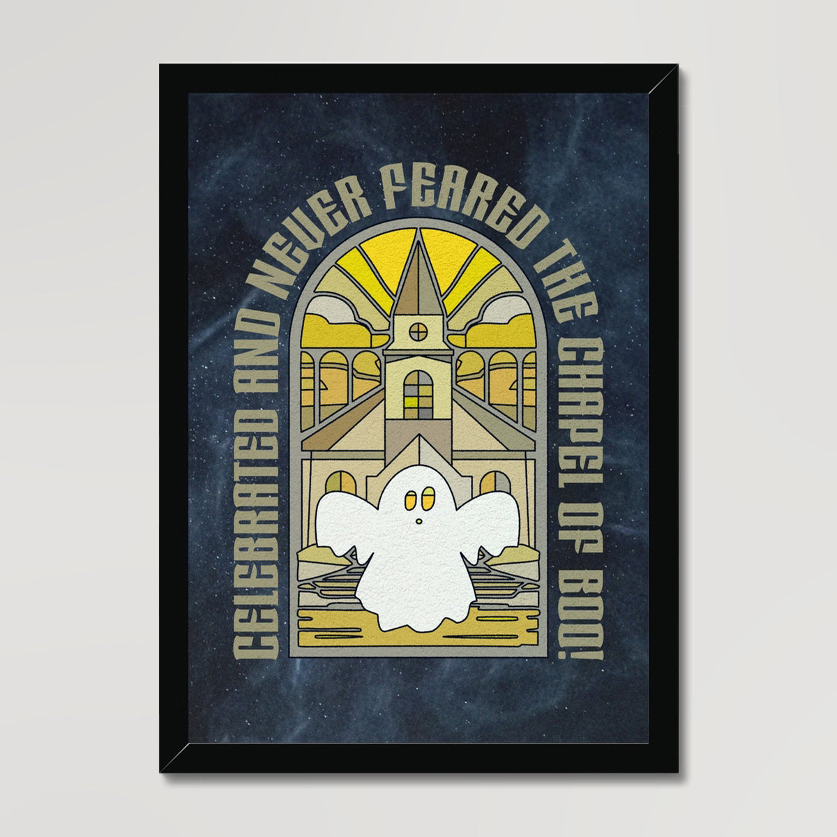 Your story harrogate graphic available as a print with or without a frame. Graphic shows chapel of boo graphic. The graphic shows spooky ghost in front of a haunted chapel in an illustrative style. The words “Celebrated and never feared the chapel of boo!” arch up and over the top section of the graphic.