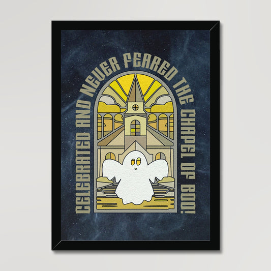 Your story harrogate graphic available as a print with or without a frame. Graphic shows chapel of boo graphic. The graphic shows spooky ghost in front of a haunted chapel in an illustrative style. The words “Celebrated and never feared the chapel of boo!” arch up and over the top section of the graphic.