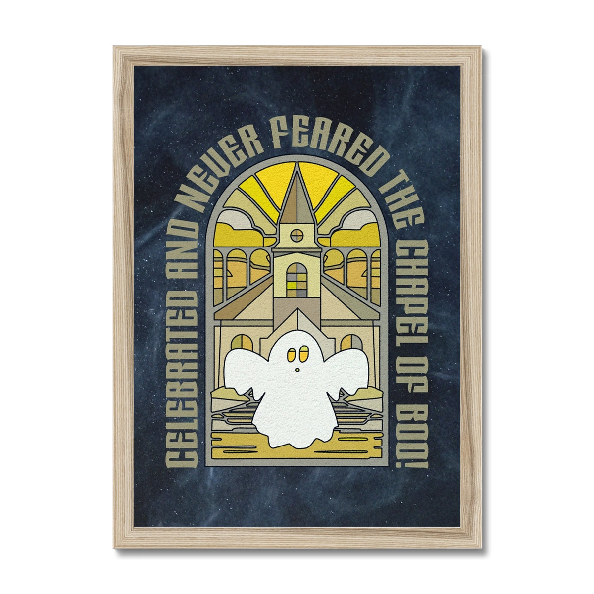 Your story harrogate graphic available as a print with or without a frame. Graphic shows chapel of boo graphic. The graphic shows spooky ghost in front of a haunted chapel in an illustrative style. The words “Celebrated and never feared the chapel of boo!” arch up and over the top section of the graphic.