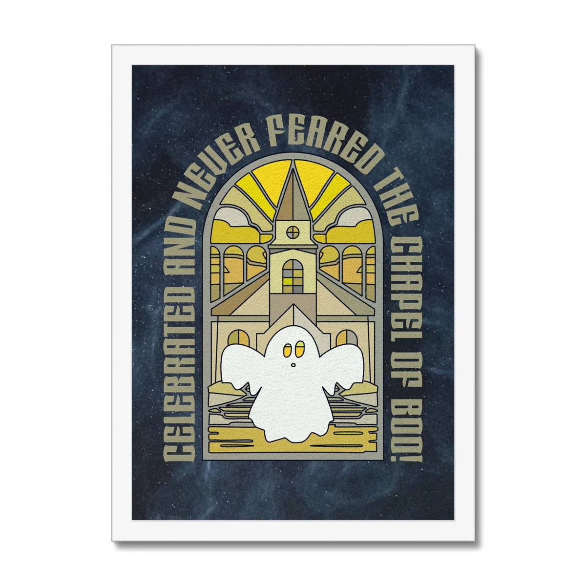 Your story harrogate graphic available as a print with or without a frame. Graphic shows chapel of boo graphic. The graphic shows spooky ghost in front of a haunted chapel in an illustrative style. The words “Celebrated and never feared the chapel of boo!” arch up and over the top section of the graphic.
