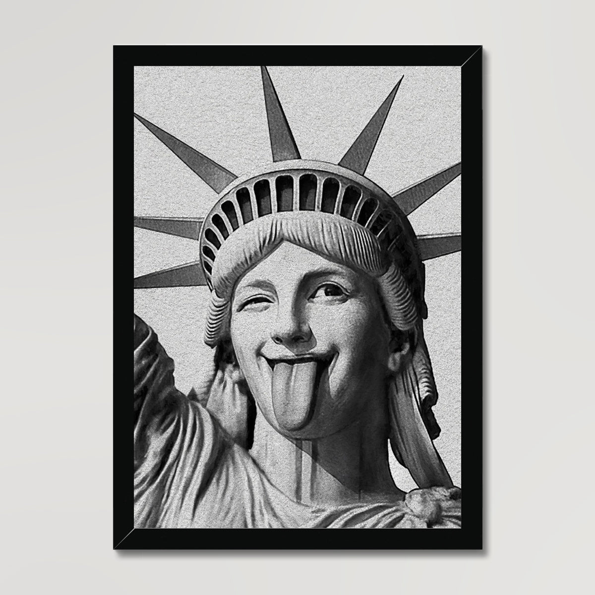 Your story harrogate graphic available as a print with or without a frame. Graphic shows close up of Liberty version two graphic. The graphic shows the statue of liberty face with tongue out and winking.