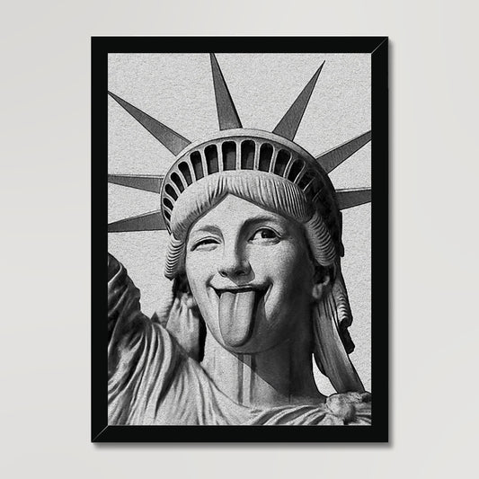 Your story harrogate graphic available as a print with or without a frame. Graphic shows close up of Liberty version two graphic. The graphic shows the statue of liberty face with tongue out and winking.