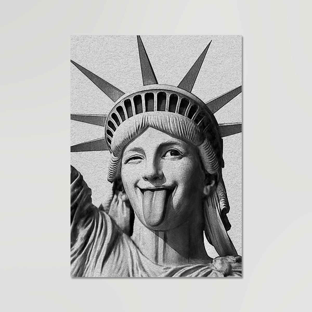 Your story harrogate graphic available as a print with or without a frame. Graphic shows close up of Liberty version two graphic. The graphic shows the statue of liberty face with tongue out and winking.