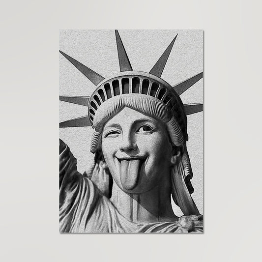 Your story harrogate graphic available as a print with or without a frame. Graphic shows close up of Liberty version two graphic. The graphic shows the statue of liberty face with tongue out and winking.