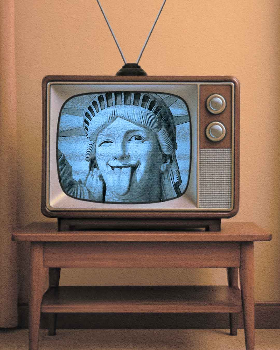 Image shows Quindie Your Story creative object framed print on display on a retro television.