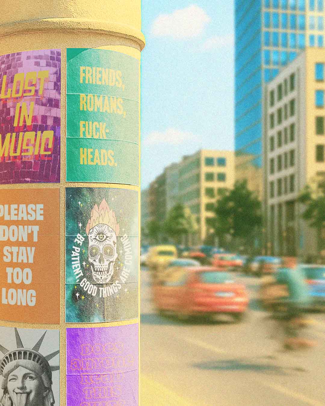 Image shows Quindie Your Story creative object prints on display in a sunny busy urban street setting.