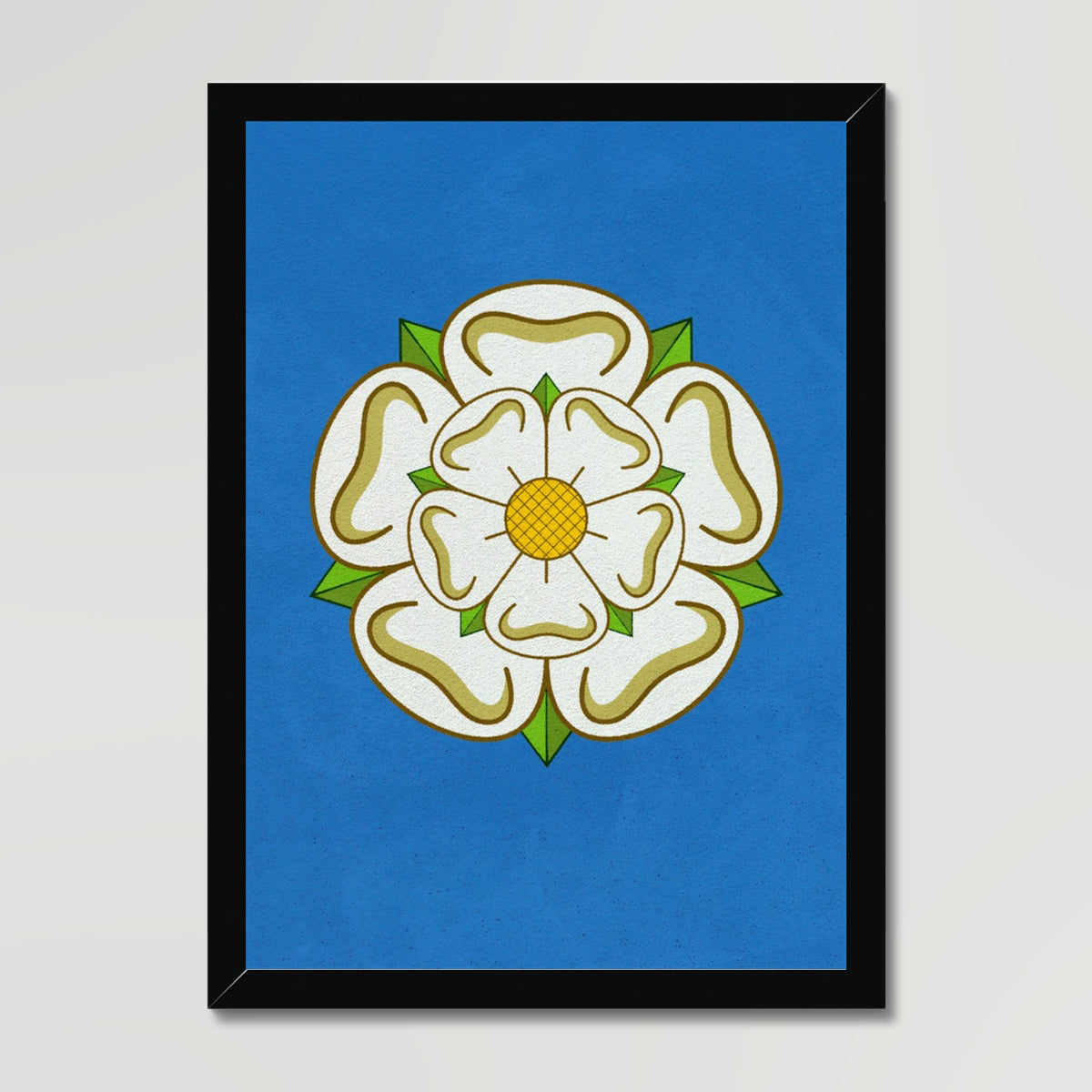 Your story harrogate graphic available as a print with or without a frame. Graphic shows Yorkshire Rose graphic. The graphic shows the white rose of Yorkshire on a blue distressed background.