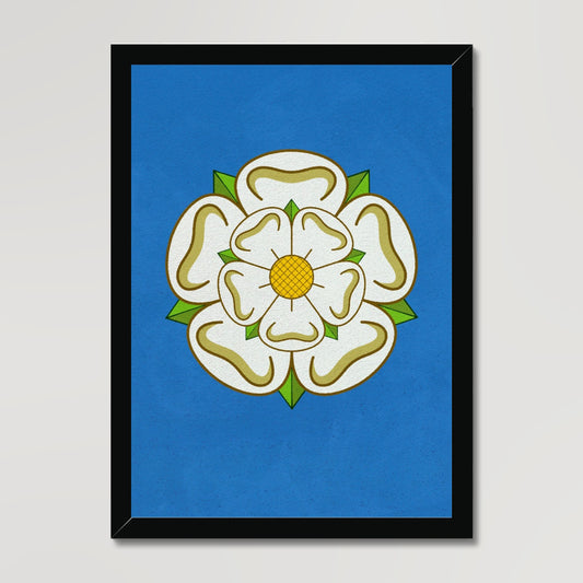 Your story harrogate graphic available as a print with or without a frame. Graphic shows Yorkshire Rose graphic. The graphic shows the white rose of Yorkshire on a blue distressed background.