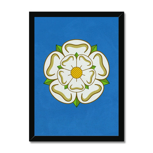 Your story harrogate graphic available as a print with or without a frame. Graphic shows Yorkshire Rose graphic. The graphic shows the white rose of Yorkshire on a blue distressed background.