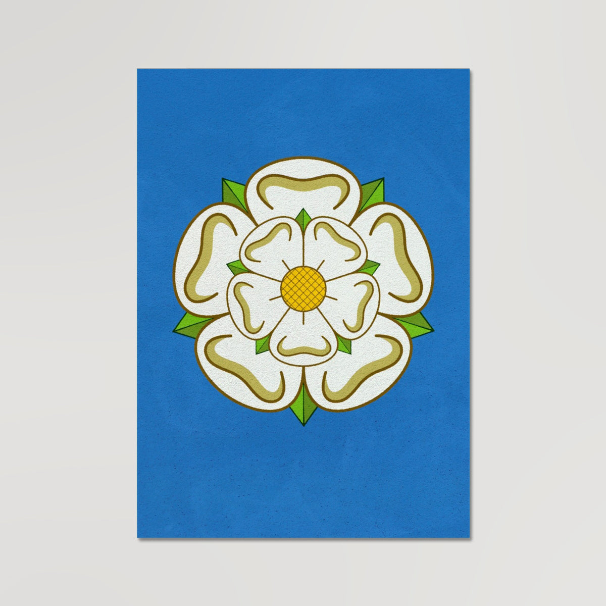 Your story harrogate graphic available as a print with or without a frame. Graphic shows Yorkshire Rose graphic. The graphic shows the white rose of Yorkshire on a blue distressed background.