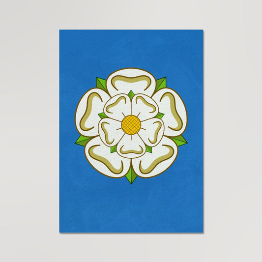 Your story harrogate graphic available as a print with or without a frame. Graphic shows Yorkshire Rose graphic. The graphic shows the white rose of Yorkshire on a blue distressed background.