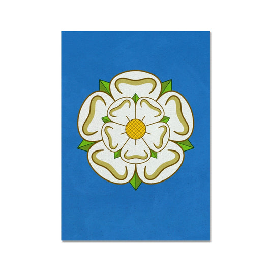 Your story harrogate graphic available as a print with or without a frame. Graphic shows Yorkshire Rose graphic. The graphic shows the white rose of Yorkshire on a blue distressed background.
