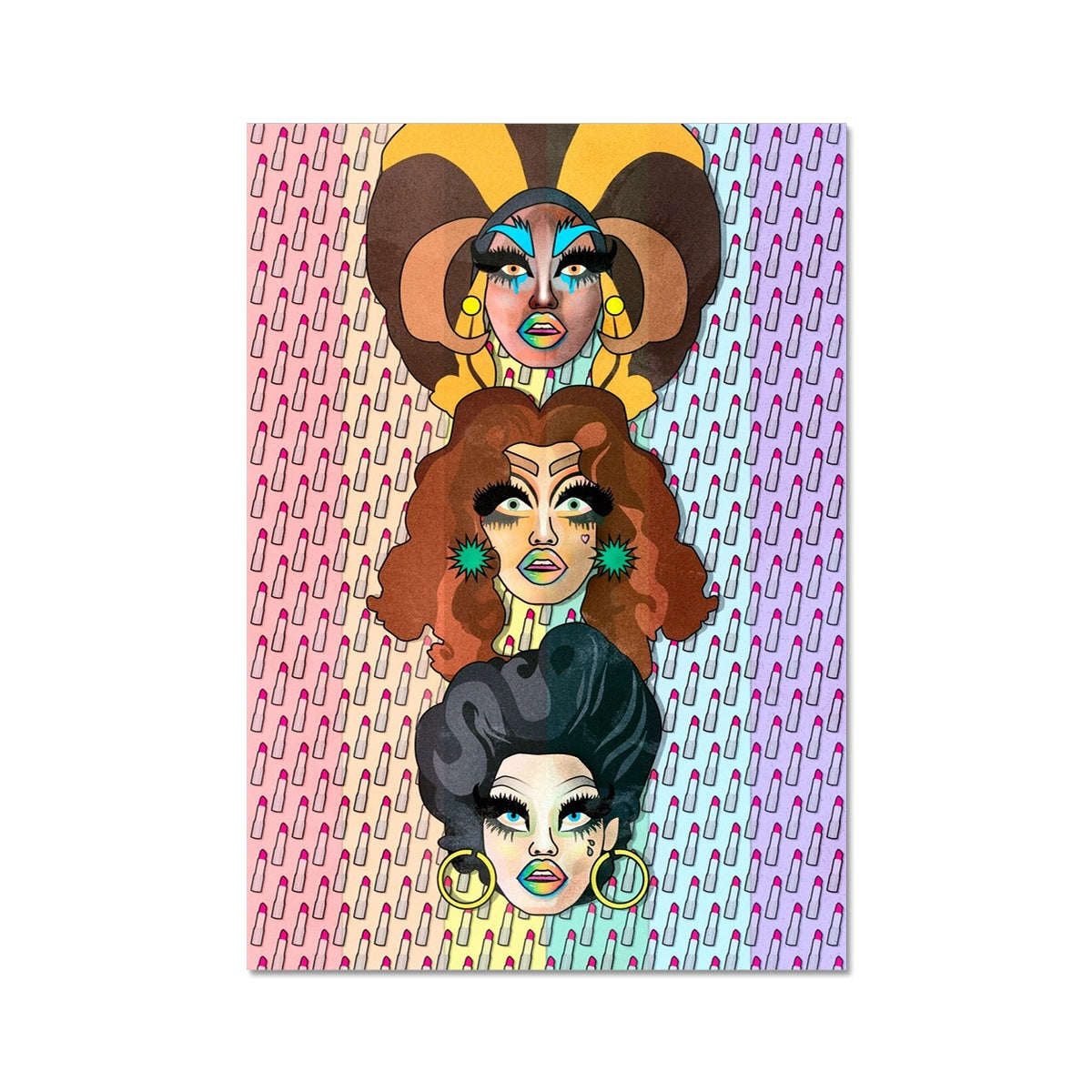 Your story harrogate graphic available as a print with or without a frame. Graphic shows drag queen graphic. The graphic shows drag queen faces on a repeat pattern of lipsticks.