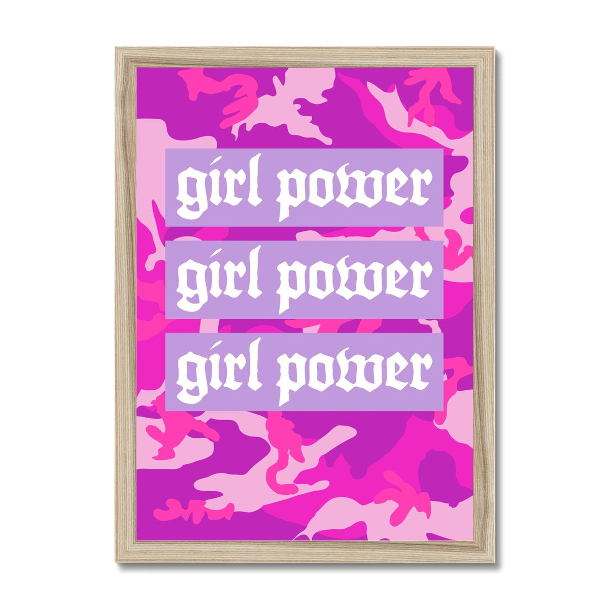 Your story harrogate graphic available as a print with or without a frame. Graphic shows close up of girl power graphic. The graphic shows white gothic bold lettering girl power on block purple colour surrounded by pink camouflage print.